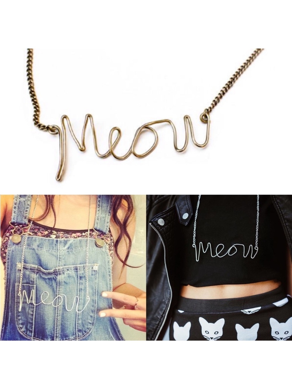 Gold Cursive Meow Cat Kitty Chain Necklace
